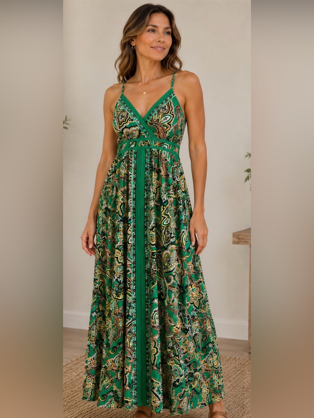 INC International Concepts Green Paisley V-Neck Maxi Dress with Contrast Trim